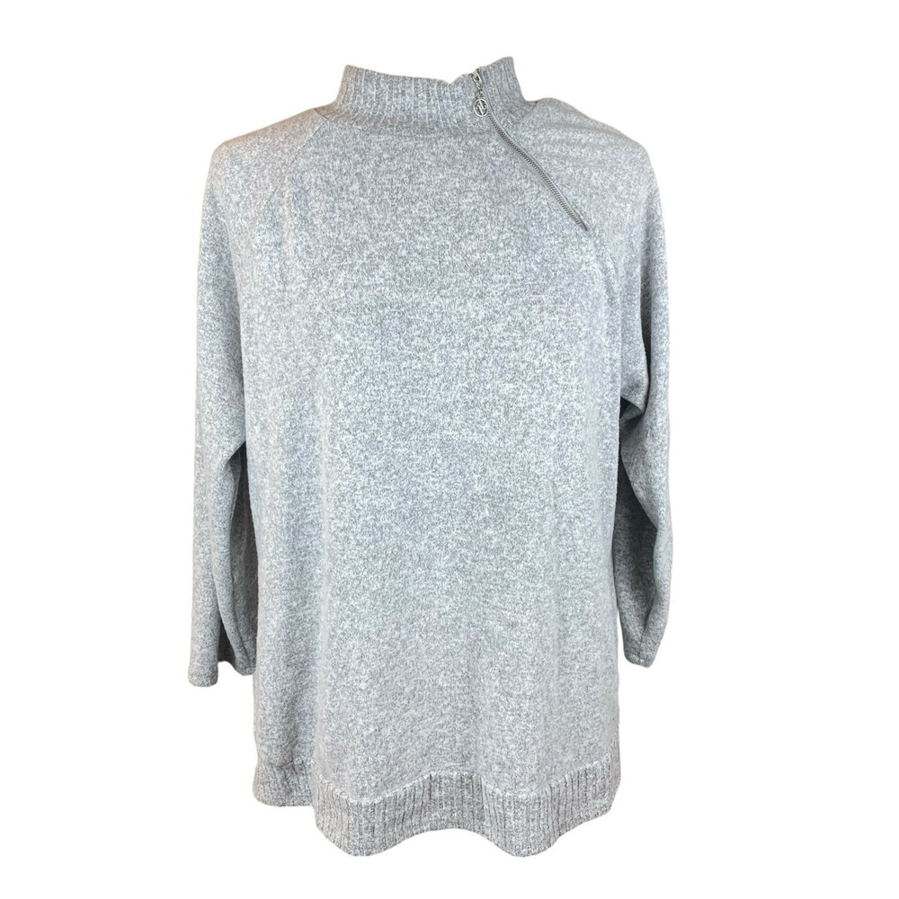 Adrienne Vittadini Women XL Gray Sweater Asymmetrical Zip Mock Neck 3/4 Sleeve